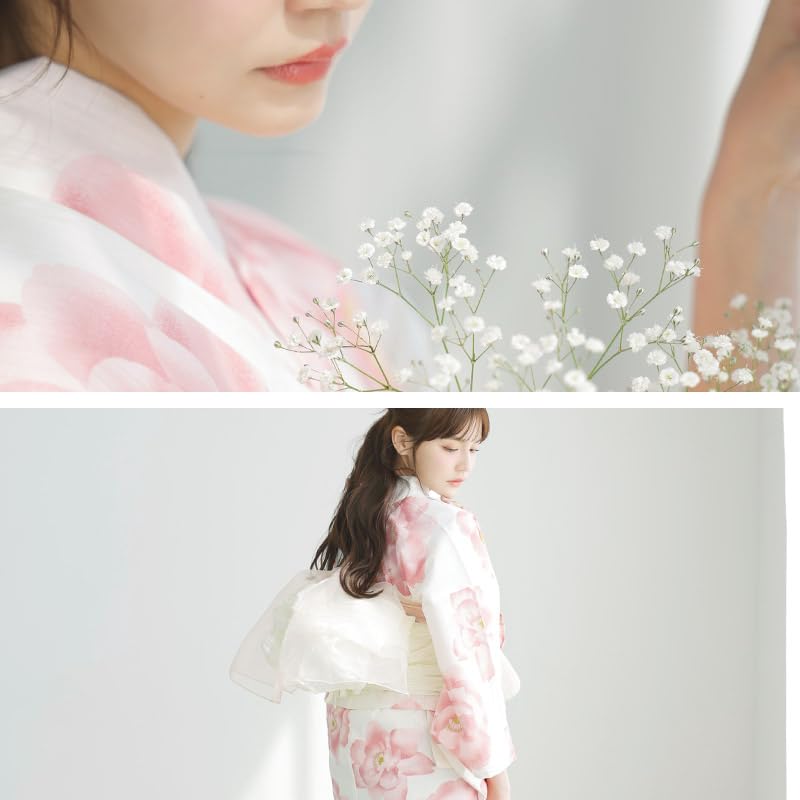 Yukata Pink and White Floral Watercolor Large Easy to Wear by One Person no Gensou FREE (Dita) Women's 5-Piece Set, Pattern, Girly, Pattern, Natural,