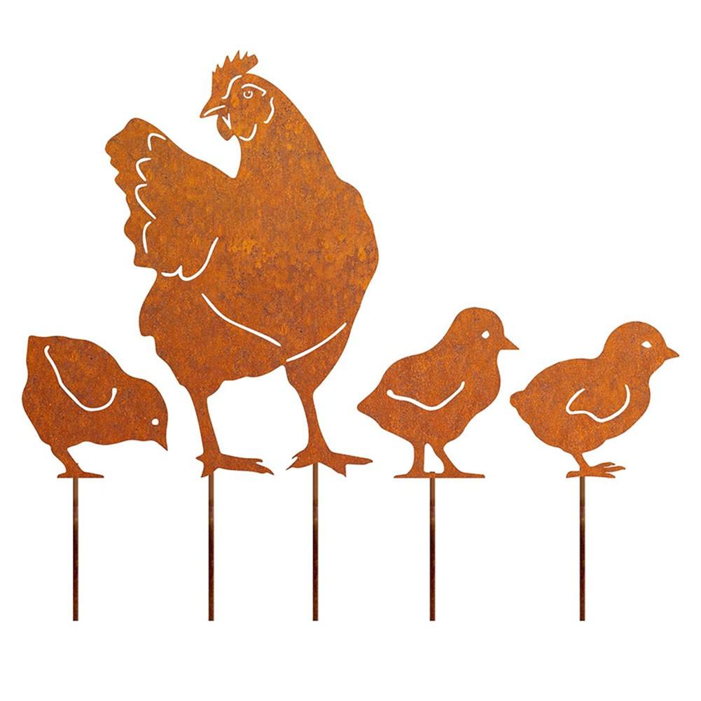 Rusty Iron Chicken Decorations In a Set of Four for Your Garden Style