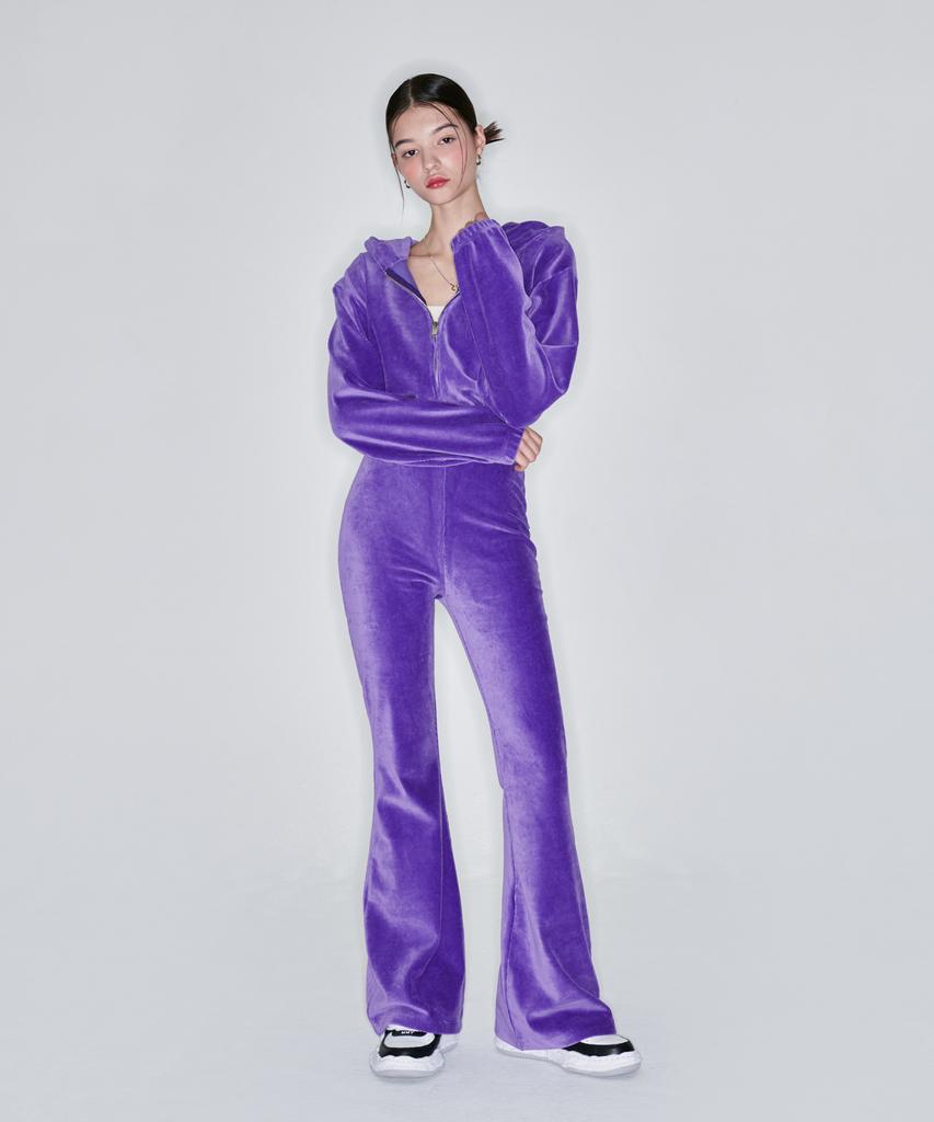 Attention Row For Woman Signature Embroidered Velour Bootcut Pants (Purple)