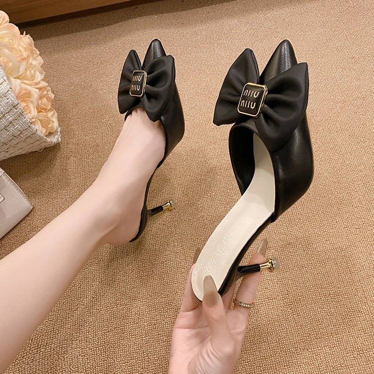 New Chinese high-heeled bag head slippers women's outer wear 2025 new spring and summer fairy style bow thin heel cool slippers