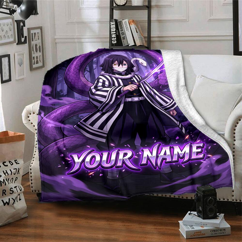 1pc Iguro Obanai Blanket with Custom Name, Gift, for Men and Women, Soft Blanket, Good for Sofa Bed Couch Travel, Lightweight Flannel Blanket