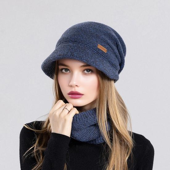 2Pcs/Set Women Winter Hat Scarf Set Solid Color Elastic Thickened Ear Protection Knitting Hat