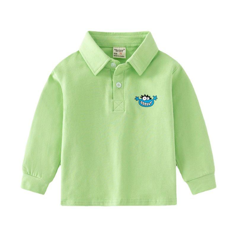 Children's Clothing Spring and Autumn Kids Long Sleeves Polo Shirt Boys' Two-Button Lapel Monster Cartoon Print Baby T-shirt