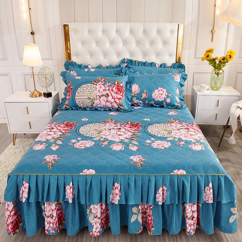 Fustă de pat prințesă matlasată cu dantelă în stil coreean – Cuvertură de pat groasă, din mătase periată, rezistentă la praf