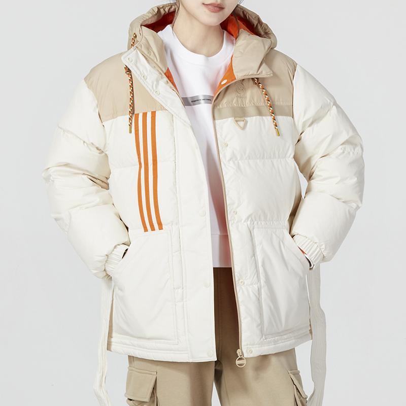 adidas Util Jkt Dw1 Color-Block Drawstring Hooded Zip Cardigan Long Sleeve Down Jacket Women Outerwear Beige HN2447