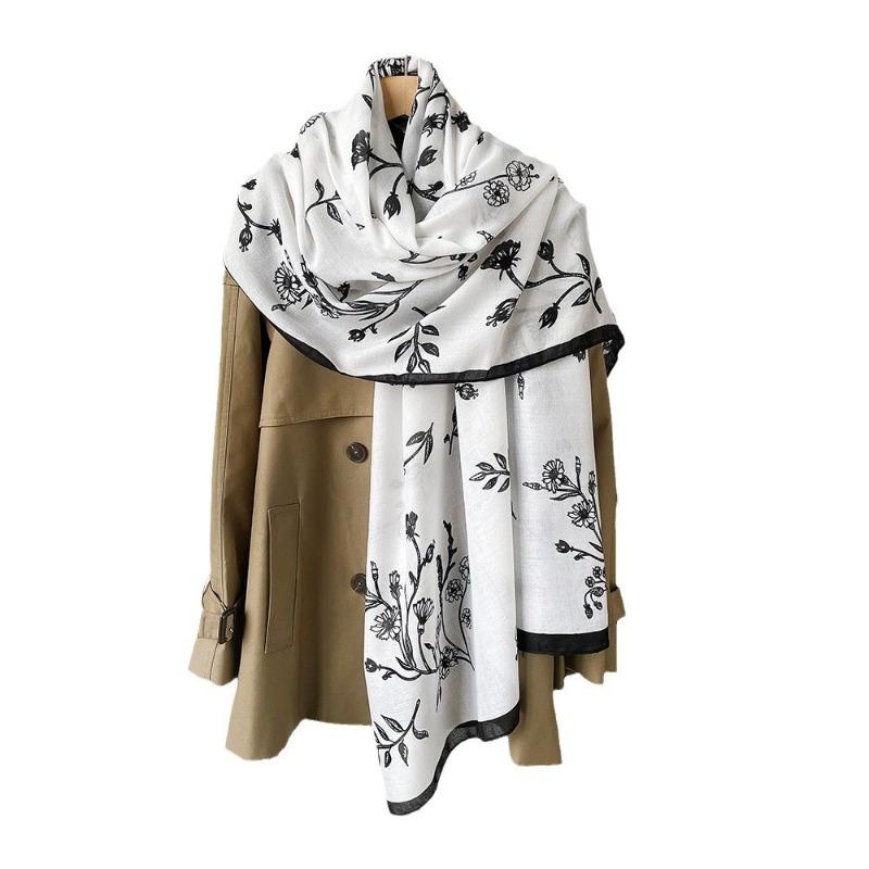 New Cotton and Linen Scarf Women's Autumn High-end Feeling Small Floral Silk Scarf Soft and Thin Shawl Headscarf