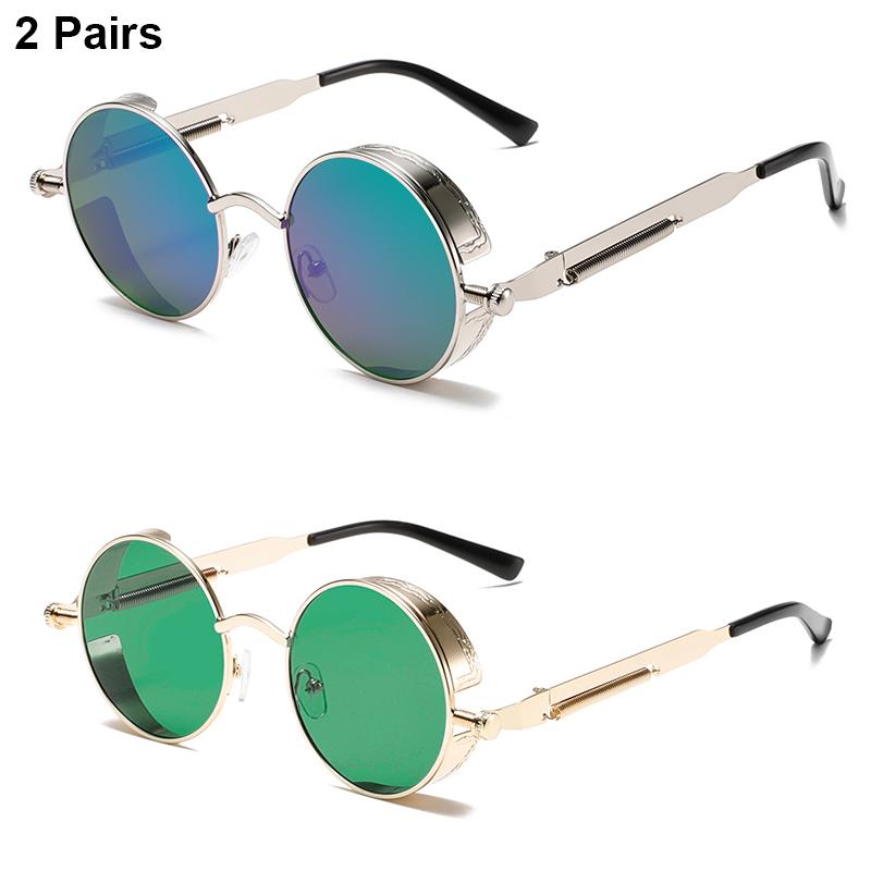 2 Pairs Round Punk Sunglasses Men Classic Vintage Gradient Multi-color Casual Shades Trendy Brand Designer Outdoor Sun Glasses