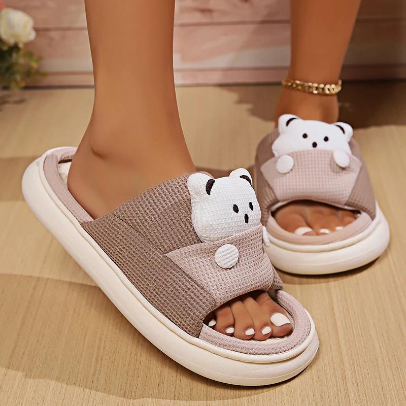 Fashion Cute Cartoon Bear Linen Slippers Women Breathable Sole Four Season Indoor Slippers Comzy Plus Size 45 Unisex House Slides Shoes