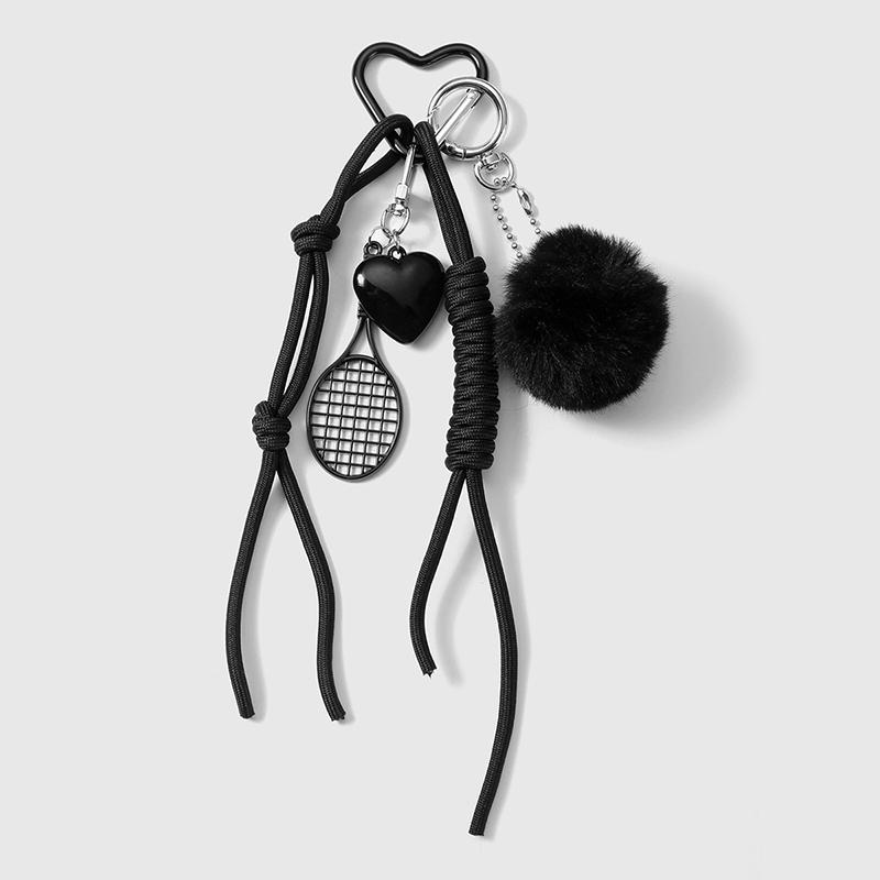 Black Braided Rope Keychain Three-Dimensional Love Ball Racket Cherry Charm Pendant Keyring  Simple Bag Decoration