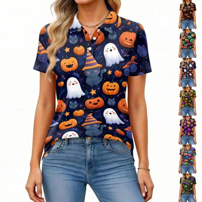 Women's Fashion Casual Button Down Short Sleeve Halloween Print Polo Shirt with Double Side Slits