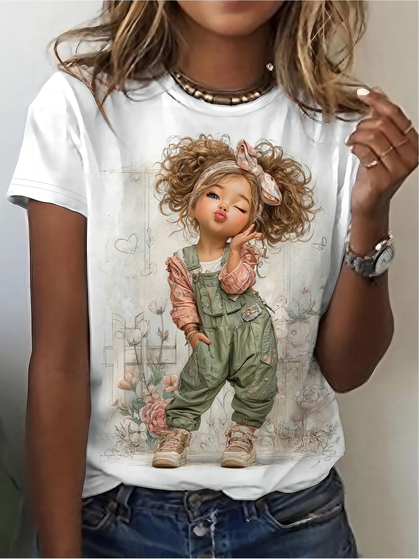 

Cute And Charming Retro Style Curly-Haired Little Floral Print White Round-Neck Short-Sleeve T-Shirt for Women. Suitable for Daily Outings. Casual Wea M дубильная кора