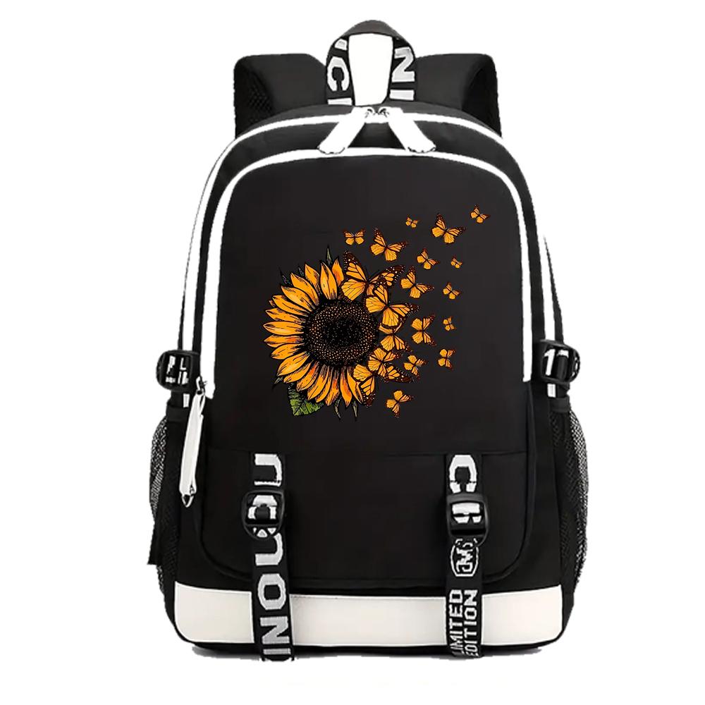 Sunflower & Butterfly Print Backpack Popular Women Girls Fashion Travel Backpacks Outdoor School Bag