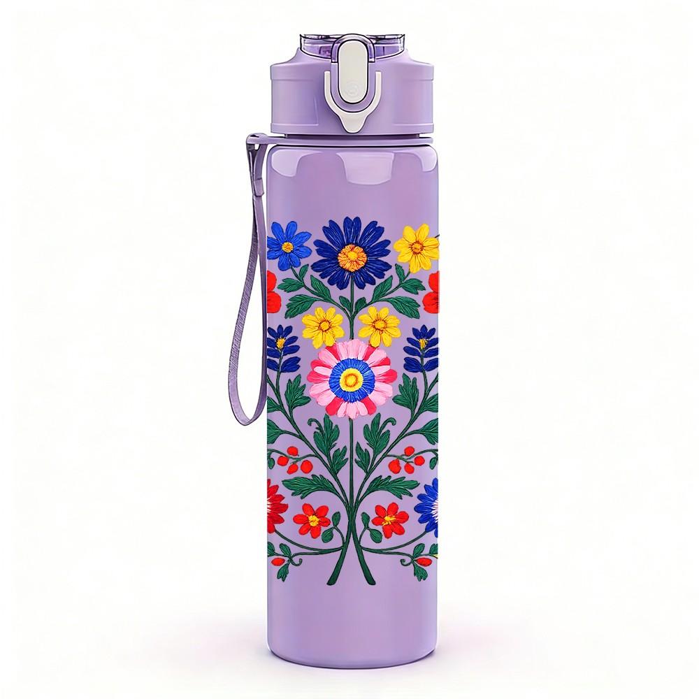 1PC Vibrant Folk Floral Bouquet Print 750ml Color Plastic Sports Water Bottle Leakproof Flip Straw Lid Suitable for Sports Office Home Use