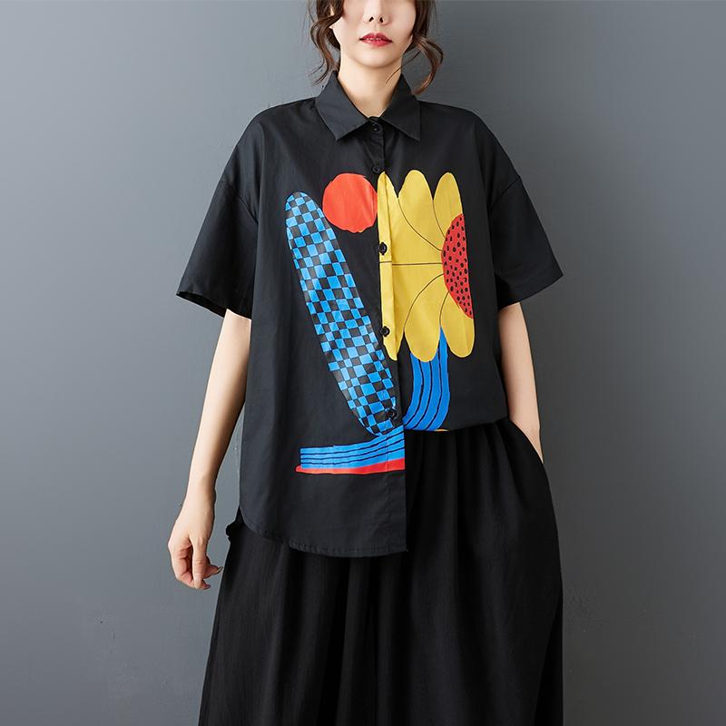 DIMANAF 2026 Plus Size New Summer Blouse Shirt Print Short Sleeve Casual Women Loose Tops Shirts Cotton