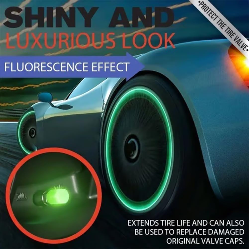 100PCS Glow-in-The-Dark Car Tire Valve Cap Luminous Night Rider Covers Universal Fluorescent Waterproof Lights Stem Caps for Most Vehicle Tires