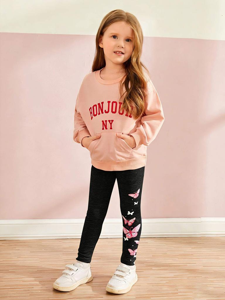 Girls Butterfly Printed Leggings Pants, Stretchy Opaque Activewear for School & Sports, Kids 3T-7Y