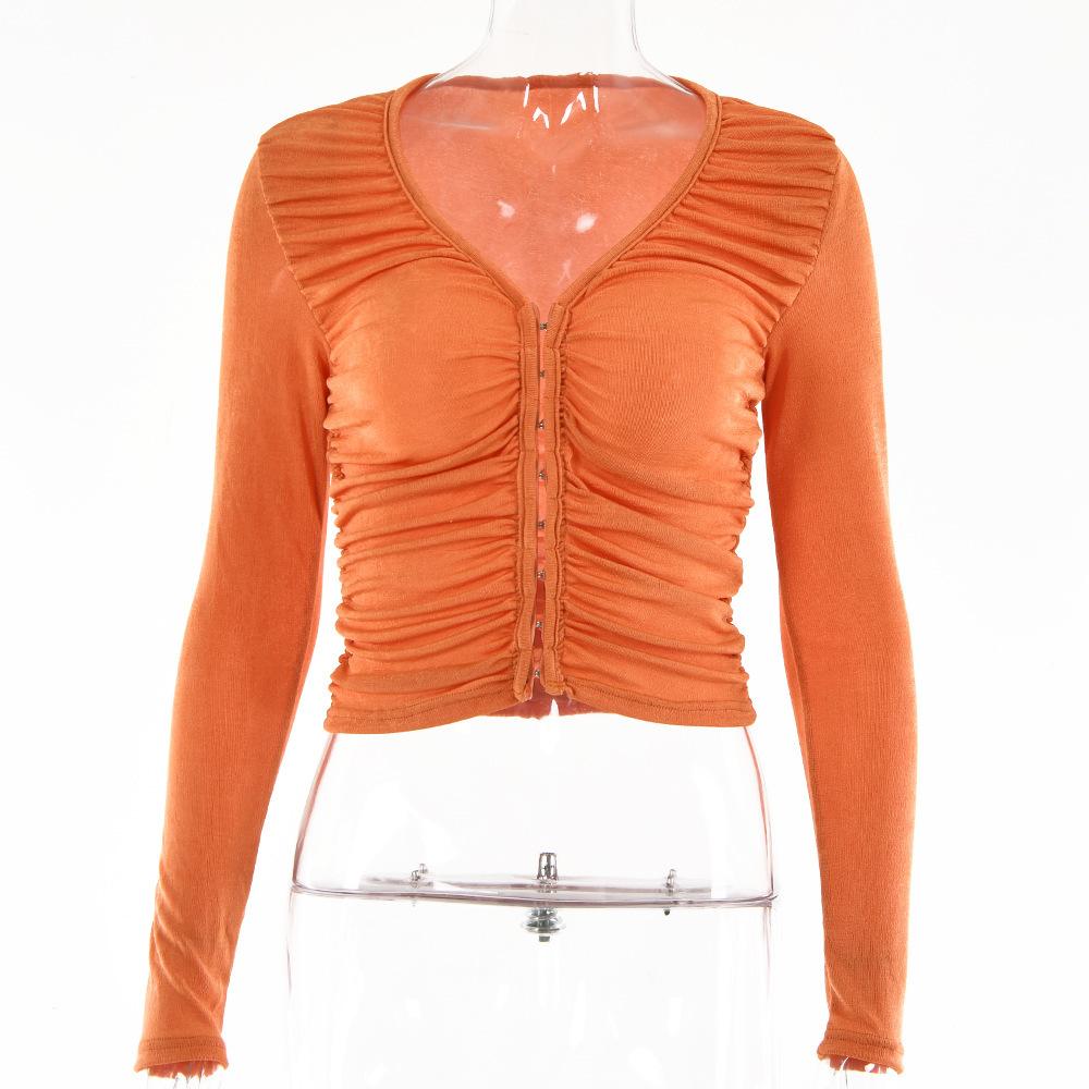 

Hot-selling autumn new tops women s fashion sexy babes V-neck T-shirt long-sleeved single-breasted hidden button top L помаранчевий