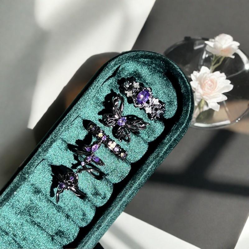 Punk Dark Style Personality Purple Diamond Inlaid Zircon Butterfly Open Ring Stacked With Niche Design High-End Ring Woman