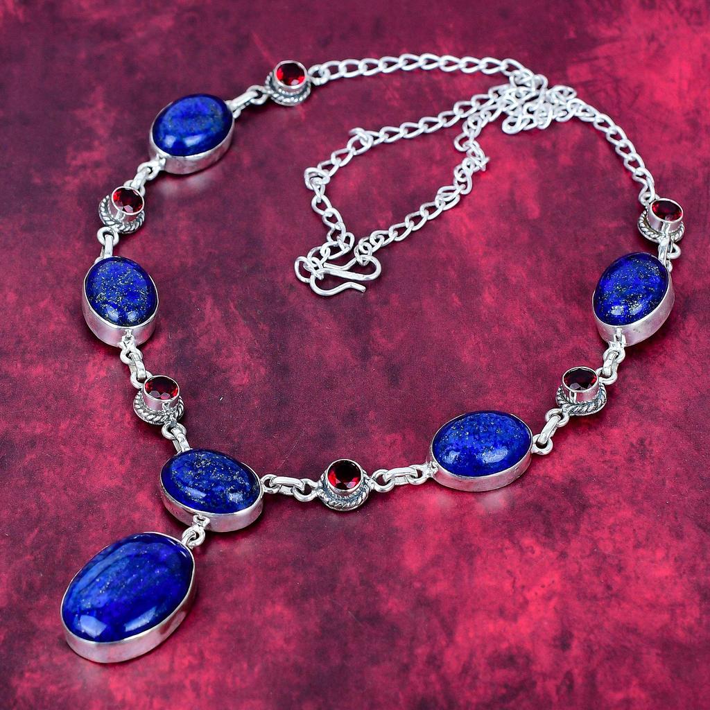 Lapis Lazuli & Granat Halskette Handgefertigter Schmuck, 925 Massiv Sterling Silber Halskette Designer Edelstein Schmuck Verstellbare Kette Halskette Geschenk für Mama