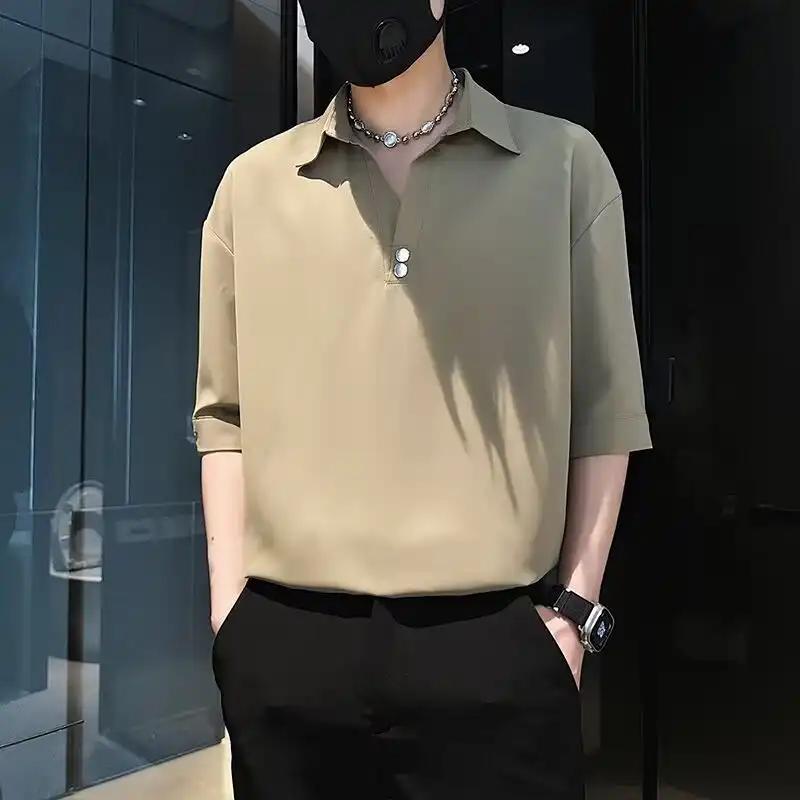 Men's Summer Khaki Half-sleeve Polo Shirt Minimalist Loose-fit Casual Top With V-neck And Button Detail For Daily Wear