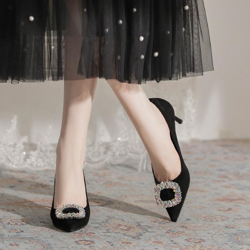 French Pointed Rhinestone High Heels Women's 2025 New Temperament Not Tired Feet Comfortable Black Suede Professional Single Shoes