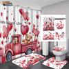 4pcs Valentine's Day Romantic Rose Flower Printed Bathroom Set Waterproof Shower Curtain Floor Mat Toilet Mat U-Shaped Mat