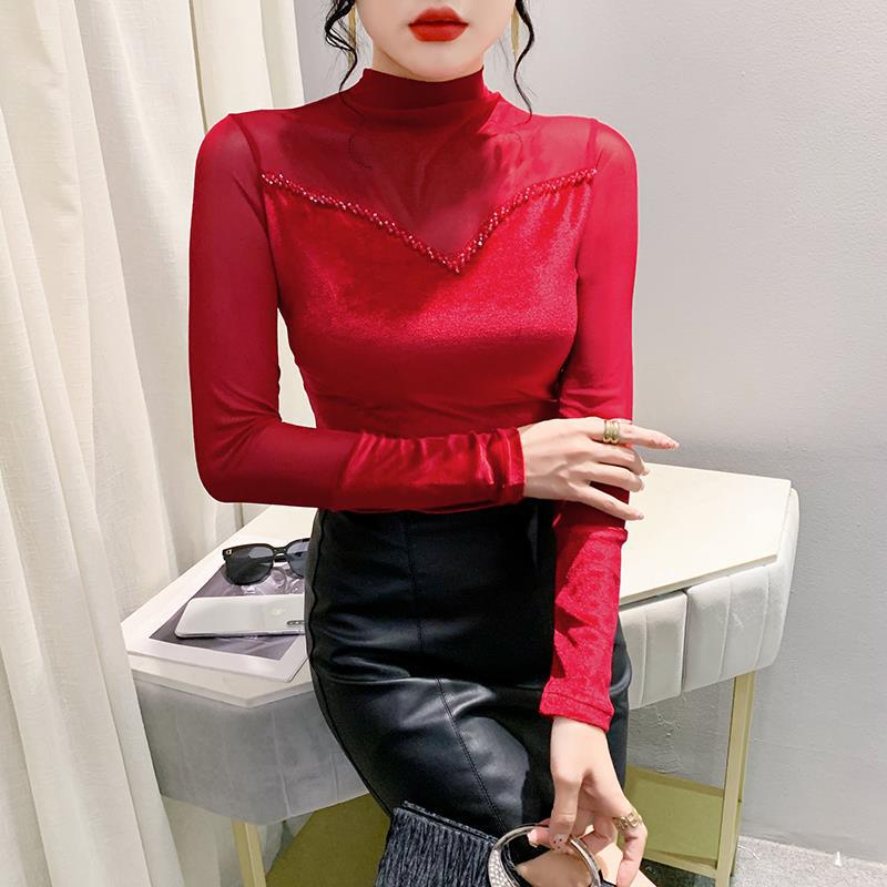 Podzimní přiléhavé tričko s korálkovou patchworkovou aplikací, polovyvýšeným límcem a dlouhým rukávem pro ženy