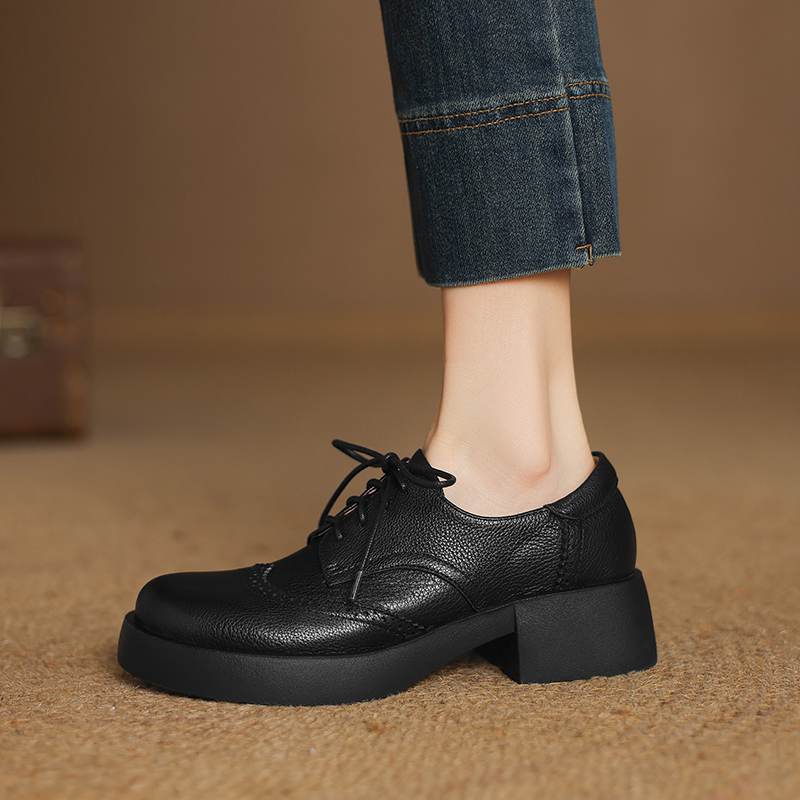 Krazing Pot Sheepskin Autumn Winter Shoes Chunky Heels Size 43 Size 42 Round Toe Lace Up Deep Mouth Pumps