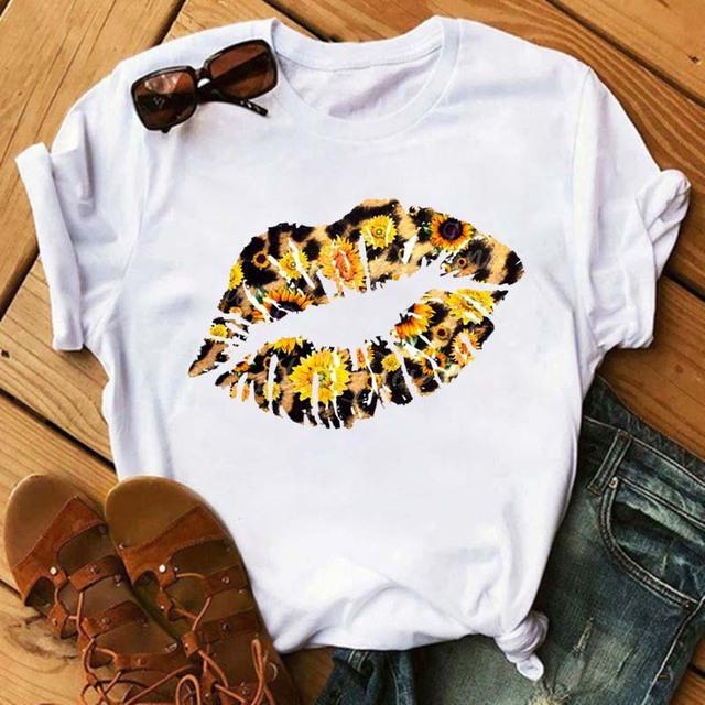 Vintage Leopard Love Sunflower Graphics Women T-Shirt 90S Summer Blouse Loose Short Sleeve Round Neck Female Crop Tops
