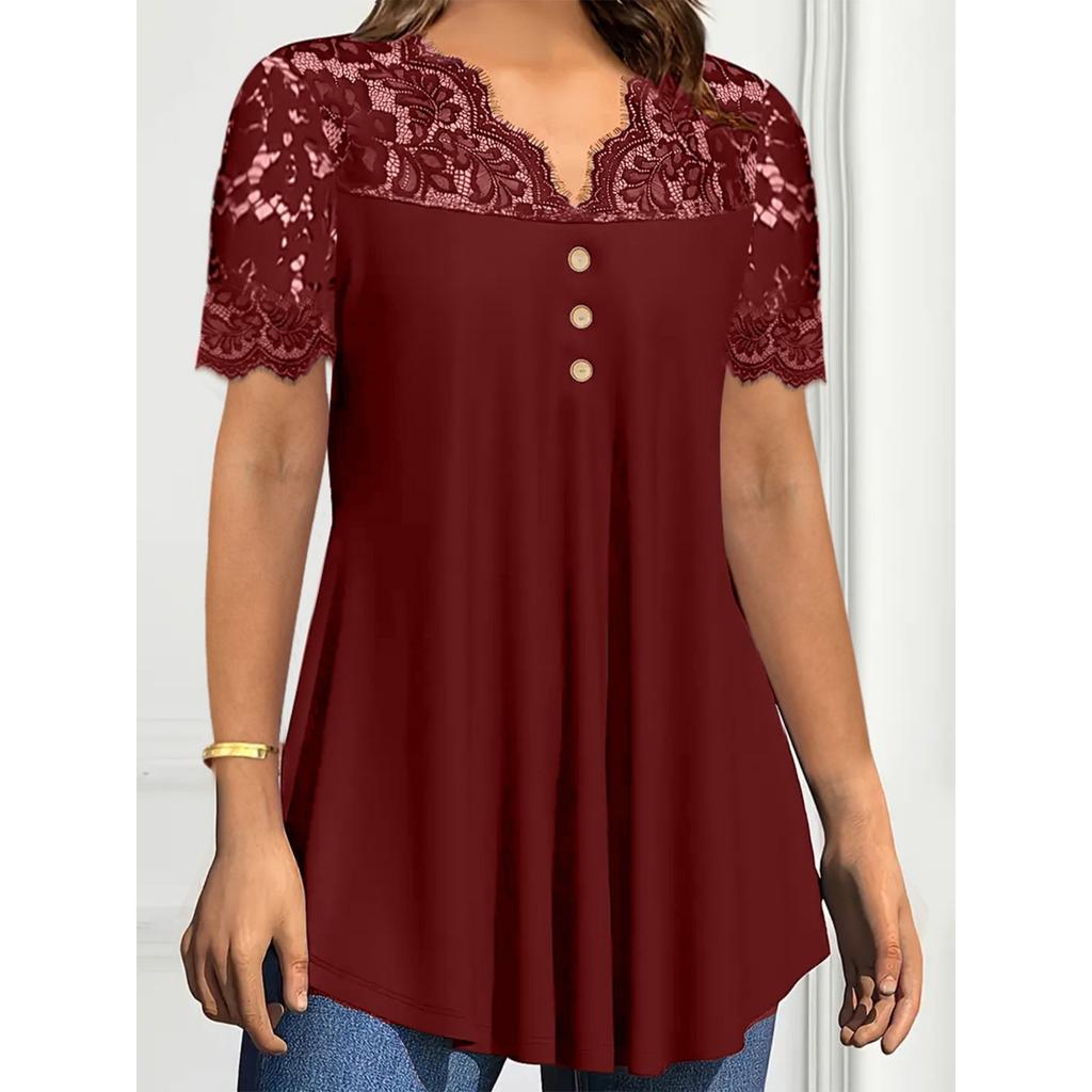 Spring Summer Women's Solid Color Lace Trim V-neck Short Sleeve Casual Shirt for European American