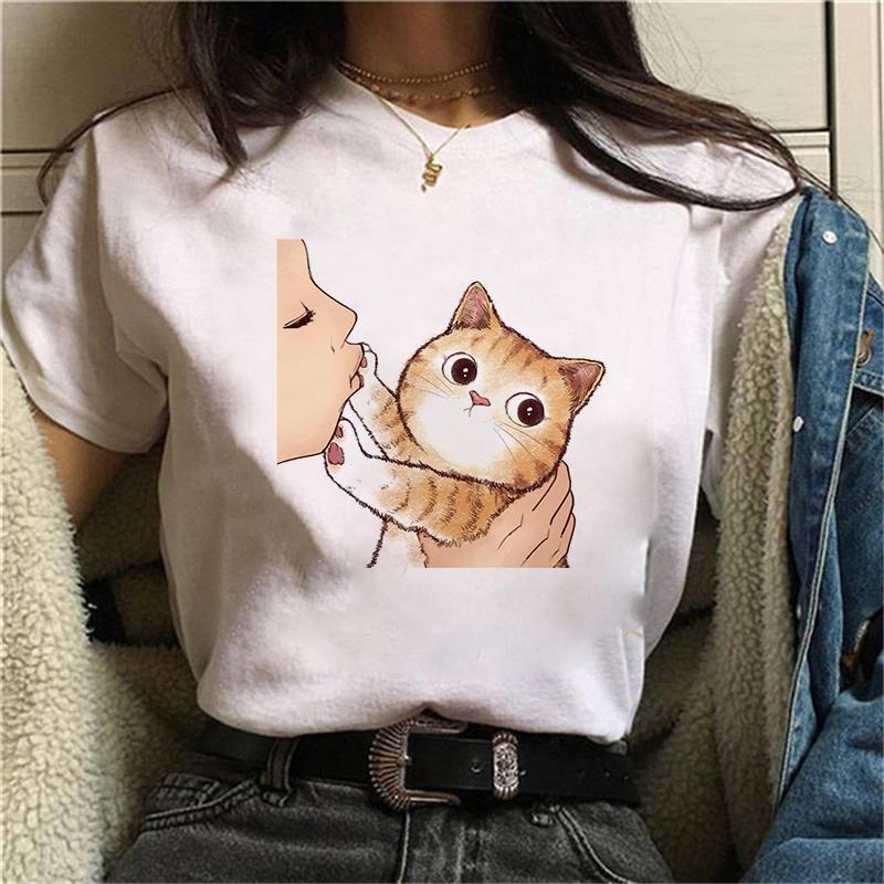 2021 Summer Women Tshirt Kiss a cute cat Printed Tshirts Casual Tops Tee Harajuku 90s Vintage White tshirt Female Clothing