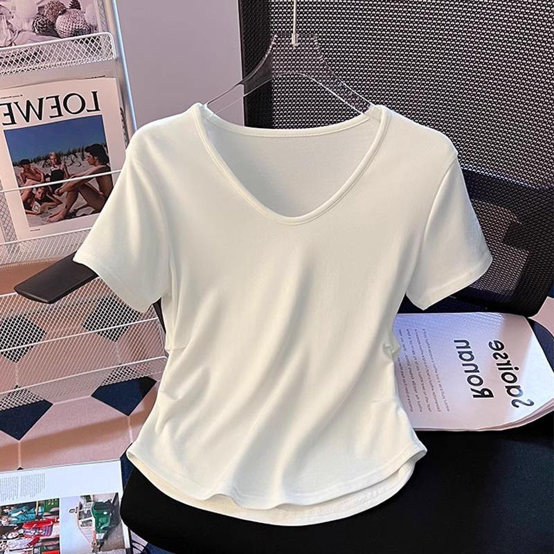 

Женская футболка с V-образным вырезом, плиссированной талией и эффектом похудения, желтая, из модала - Летний топ с коротким рукавом 2XL белый