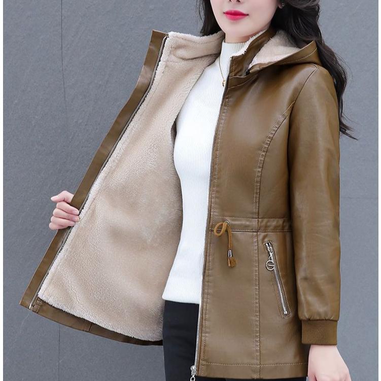 Women's Mid-Length Slim-Fit PU Leather Jacket with Fleece Lining for Fall/Winter