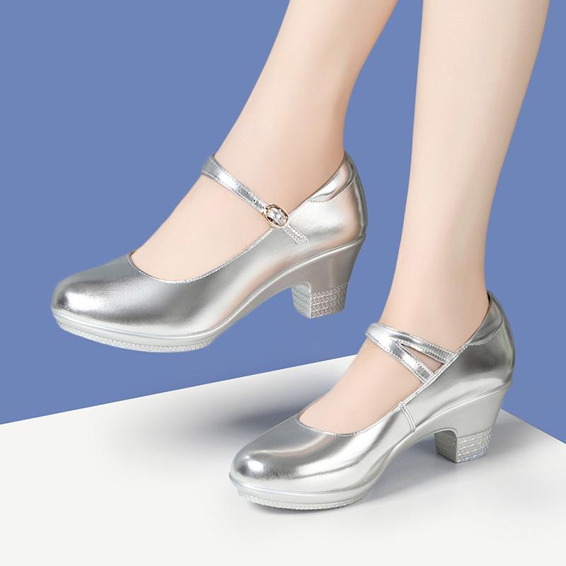 New leather professional square dance shoes dance shoes patent leather medium heel cheongsam model catwalk show high heels