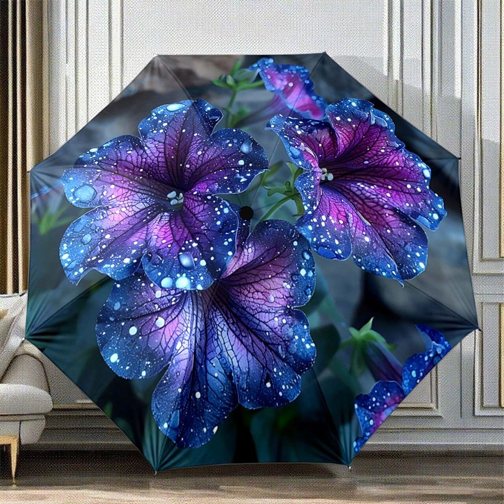 

Automatic Folding Umbrella with Purple & Blue Floral Design & Starry Effect - 8-Rib Compact Folding Mechanism, Automatic Open/ Iron&8K