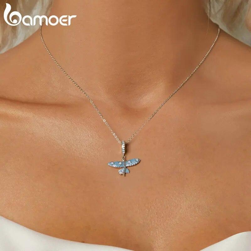 Bamoer 925 Sterling Silver Modrý Smalt Přívěsek Létající Ryba Přívěsek Pave Nastavení CZ pro ženy Náramek a náhrdelník DIY doplňky