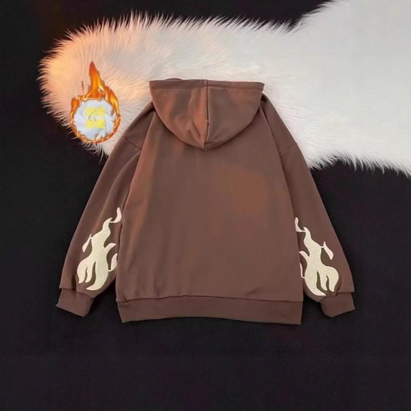 Unisex Hooded Zip-Up Sweatshirt With Cross Flock Embroidery Oversized Warm Fleece Lined Pullover Winter Casual Wear