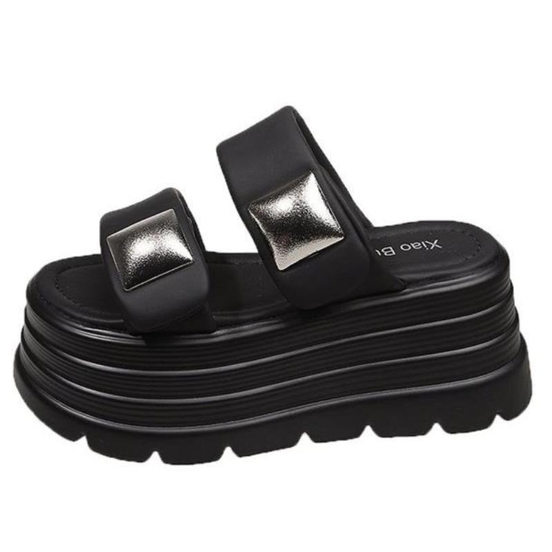 Fashion Summer 2025 Chunky Sandals Women's Thick Bottom Wedge Heels Slides 8CM High Heels Platform Leather Casual Beach Flip Flops Woman