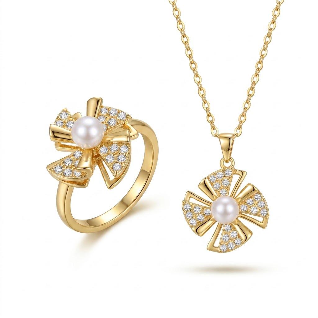 Women's European & American Style Windmill Pendant Necklace Set - Titanium Steel Floral Design