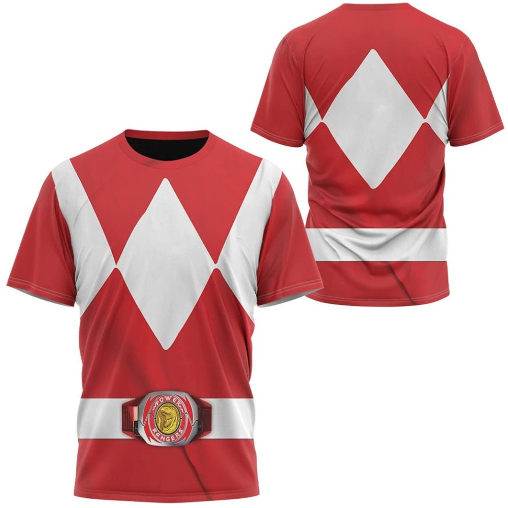 Red Ranger Costume T-Shirt Unisex Mighty Morphin Power Rangers Tyrannosaurus Emblem 3D Print Cosplay Short Sleeve Casual Graphic Tee