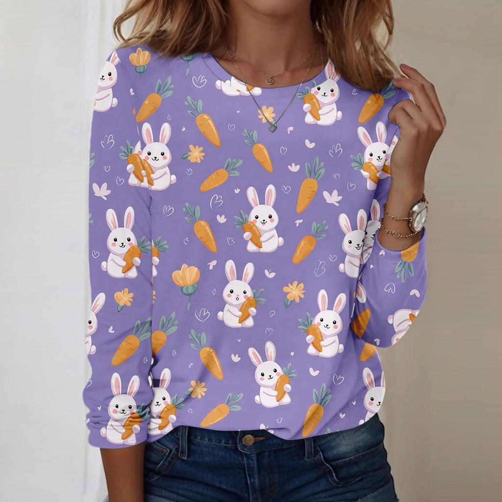 Women's Daily Casual Long Sleeved Easter Printed Round Neck Top