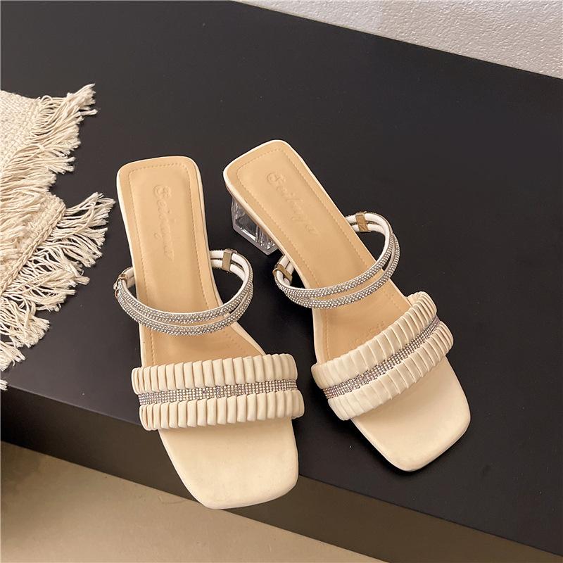 Temperament thick heel high heel slippers women's outerwear 2025 summer new rhinestone transparent crystal with skirt women's sandals