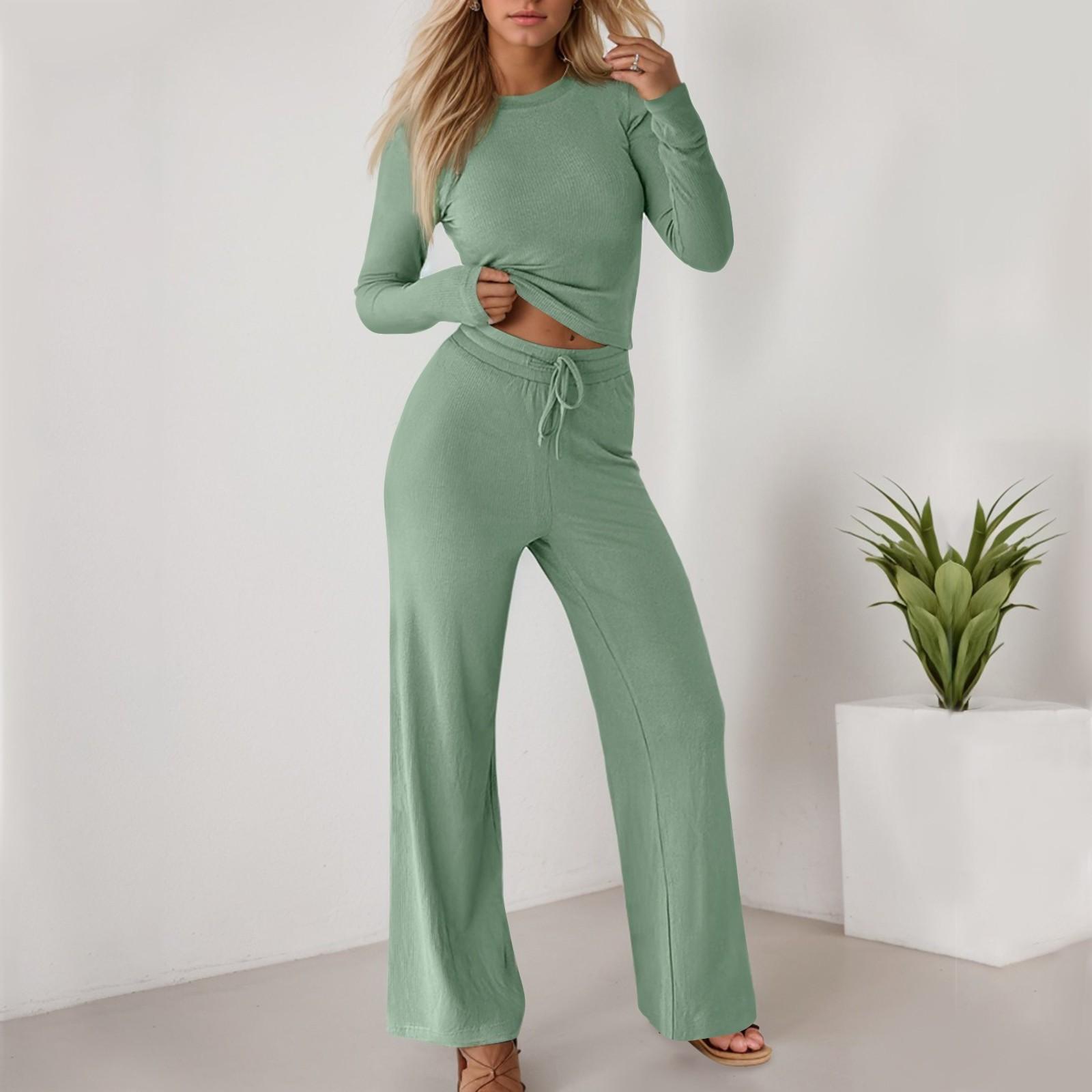 

Женская спортивная одежда, повседневный короткий топ, длинные брюки, однотонный комплект из двух предметов, комплект с длинными рукавами M