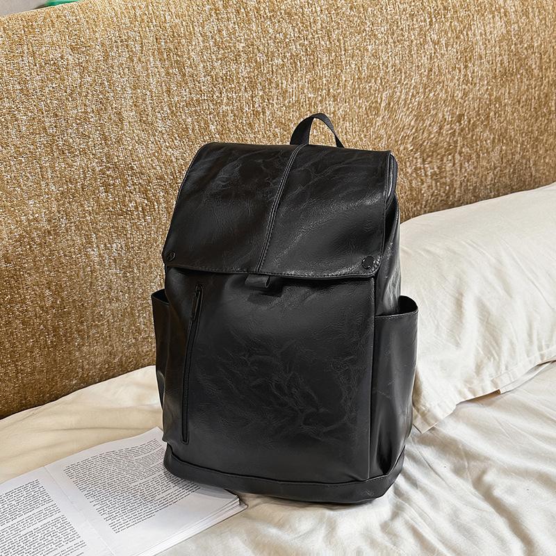 Retro Hong Kong style PU soft leather texture backpack men's large-capacity American schoolbag female college student computer backpack waterproof