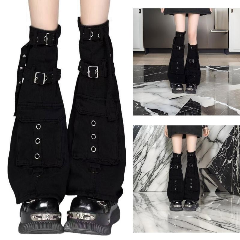 Womens Punk Denims Flared Leg Warmers Eyelets Buckled Strap Pocketed Cargo Boot Cover Over Knee Stockings Streetwear