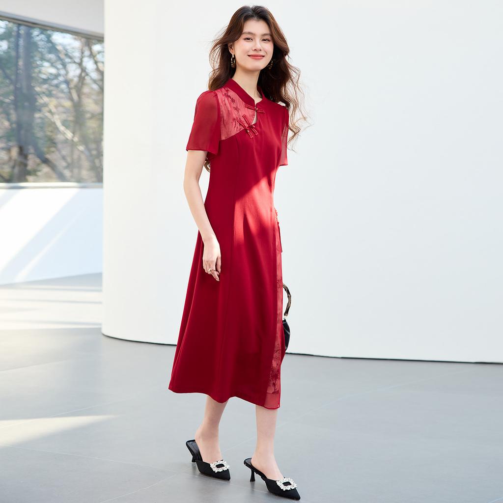 26 year new summer Chinese style improved cheongsam elegant waist cinching slimming high-end feeling short sleeved skirt medium long skirt dress skirt