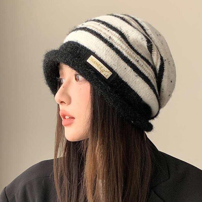 Striped Knitted Hat with Big Head Circumference Showing The Face Small Pile of Hats Versatile Warmth and Airproof Cold Hat