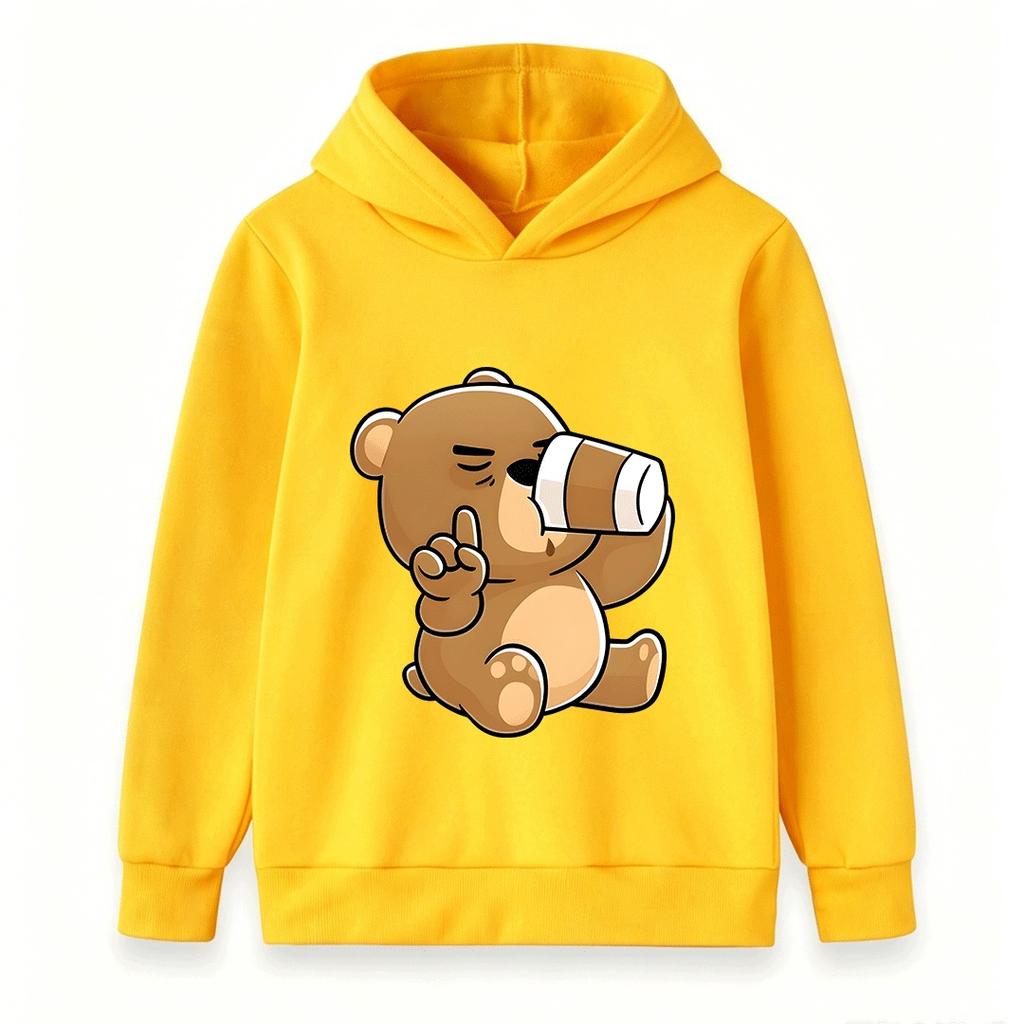 Cartoon Brown Bear Telescope Print Kids Unisex Hooded Sweatshirt Casual Soft Long Sleeve Pullover for Boys Girls