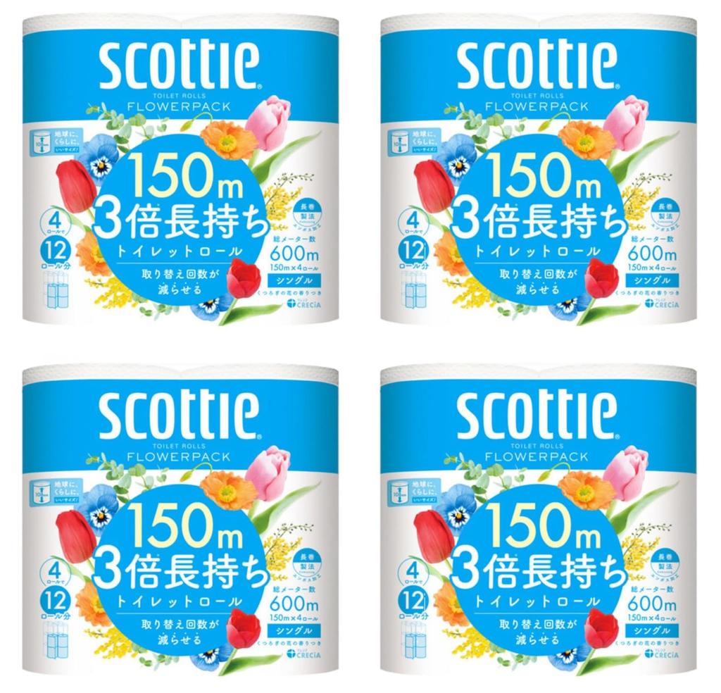 Scotty Flower Pack 3x Longer Lasting Toilet 4 Single Pack of Paper, Rolls, 150m, (Pack 4)