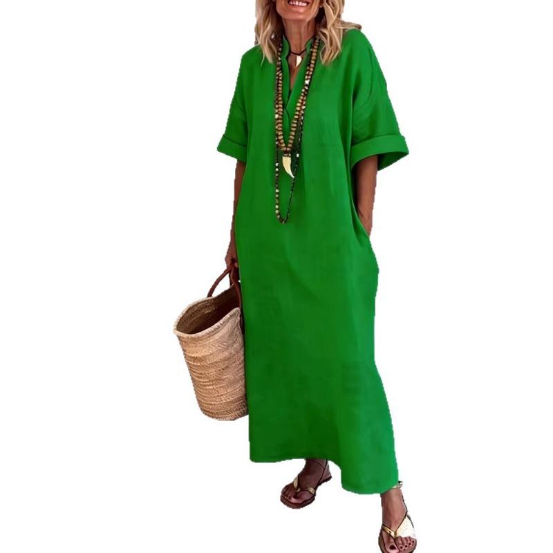Women's White Linen-Look Maxi Dress Casual Stand Collar Half Sleeve Loose-Fit Tunic Dress